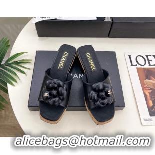 Discount Chanel Black Leather Camellia Flower Platform Slides Sandals 55MM 6051611