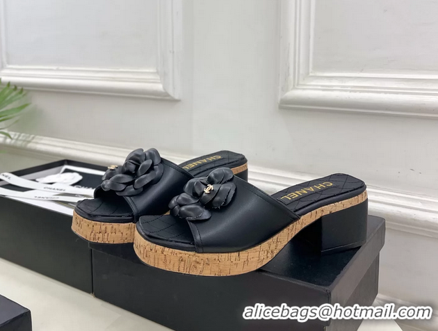 Discount Chanel Black Leather Camellia Flower Platform Slides Sandals 55MM 6051611
