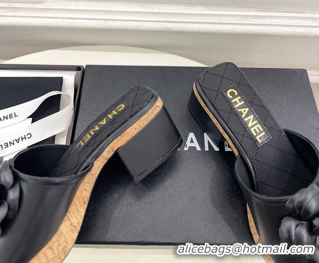 Discount Chanel Black Leather Camellia Flower Platform Slides Sandals 55MM 6051611