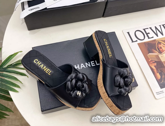 Discount Chanel Black Leather Camellia Flower Platform Slides Sandals 55MM 6051611