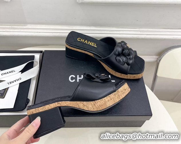Discount Chanel Black Leather Camellia Flower Platform Slides Sandals 55MM 6051611