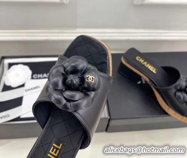 Discount Chanel Black Leather Camellia Flower Platform Slides Sandals 55MM 6051611