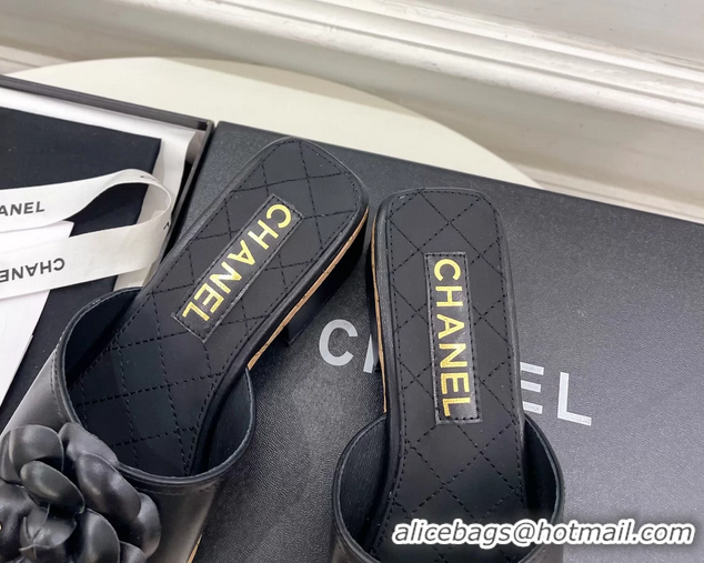 Discount Chanel Black Leather Camellia Flower Platform Slides Sandals 55MM 6051611