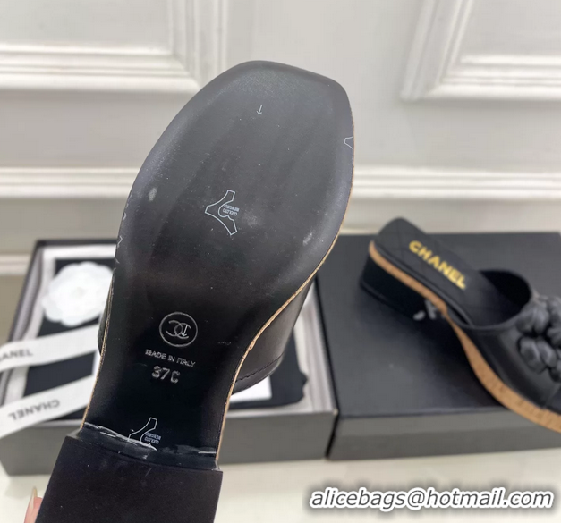 Discount Chanel Black Leather Camellia Flower Platform Slides Sandals 55MM 6051611