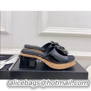 Classic Chanel BLack Leather Camellia Flower Platform Slides Sandals 55MM 6051611