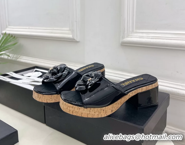 Classic Chanel BLack Leather Camellia Flower Platform Slides Sandals 55MM 6051611