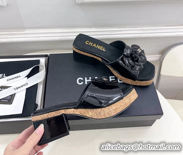 Classic Chanel BLack Leather Camellia Flower Platform Slides Sandals 55MM 6051611