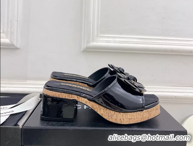Classic Chanel BLack Leather Camellia Flower Platform Slides Sandals 55MM 6051611