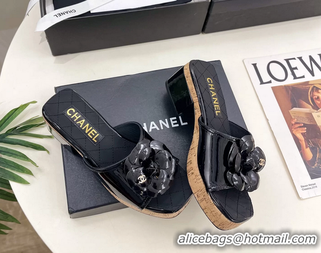 Classic Chanel BLack Leather Camellia Flower Platform Slides Sandals 55MM 6051611