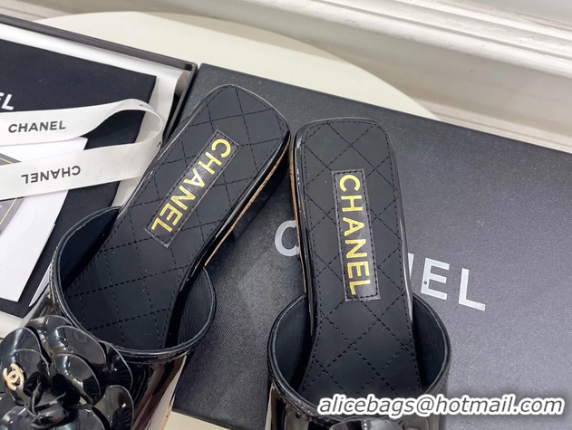 Classic Chanel BLack Leather Camellia Flower Platform Slides Sandals 55MM 6051611