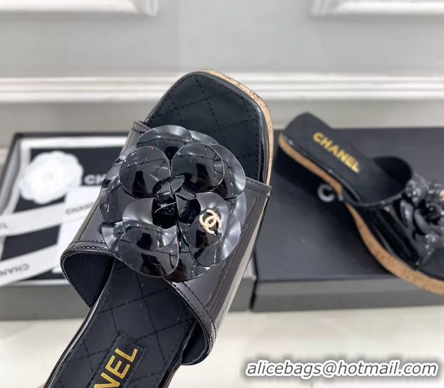 Classic Chanel BLack Leather Camellia Flower Platform Slides Sandals 55MM 6051611