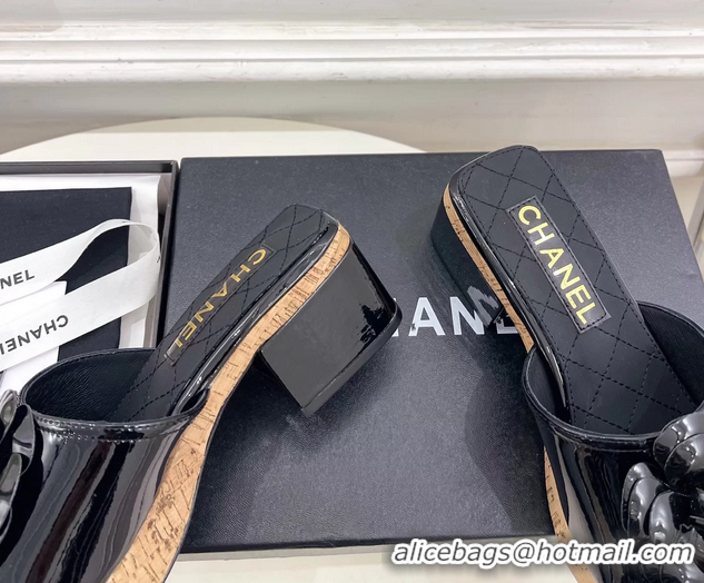 Classic Chanel BLack Leather Camellia Flower Platform Slides Sandals 55MM 6051611