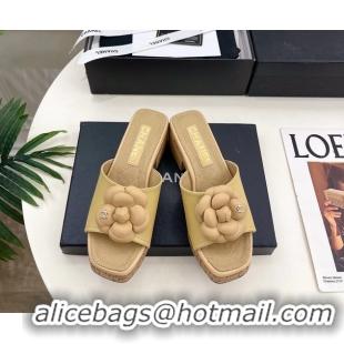 Durable Chanel Beige Leather Camellia Flower Platform Slides Sandals 55MM 6051611