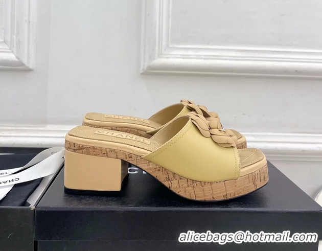 Durable Chanel Beige Leather Camellia Flower Platform Slides Sandals 55MM 6051611