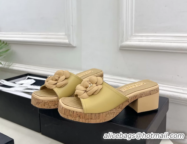 Durable Chanel Beige Leather Camellia Flower Platform Slides Sandals 55MM 6051611