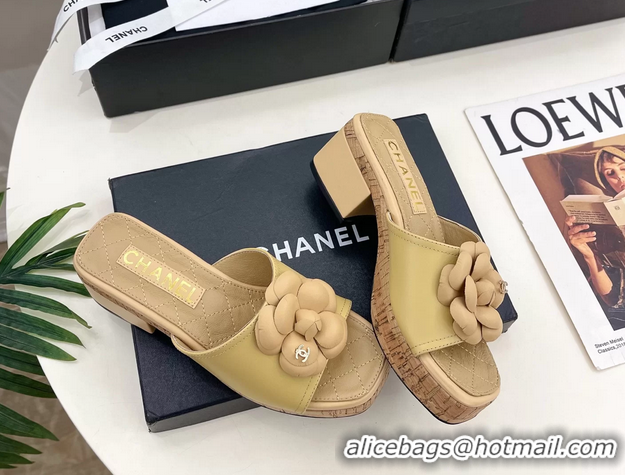 Durable Chanel Beige Leather Camellia Flower Platform Slides Sandals 55MM 6051611