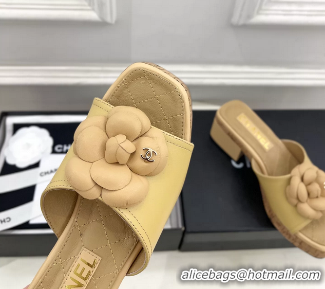 Durable Chanel Beige Leather Camellia Flower Platform Slides Sandals 55MM 6051611
