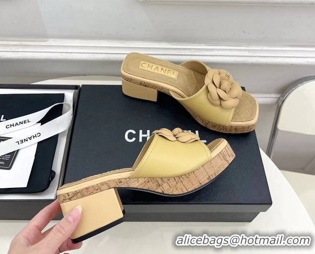 Durable Chanel Beige Leather Camellia Flower Platform Slides Sandals 55MM 6051611