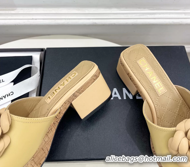 Durable Chanel Beige Leather Camellia Flower Platform Slides Sandals 55MM 6051611