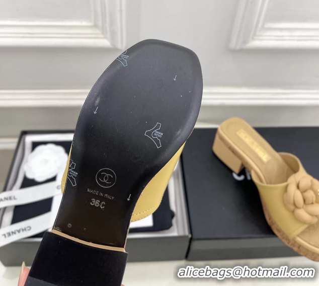 Durable Chanel Beige Leather Camellia Flower Platform Slides Sandals 55MM 6051611