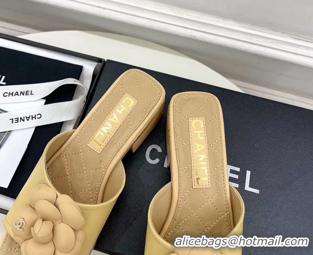 Durable Chanel Beige Leather Camellia Flower Platform Slides Sandals 55MM 6051611