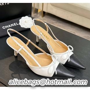 Buy Discount Chanel CC Logo Bowknot White Calfskin Leather Slingback Pumps 6051701