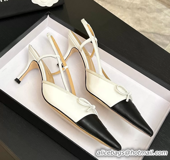 Buy Discount Chanel CC Logo Bowknot White Calfskin Leather Slingback Pumps 6051701