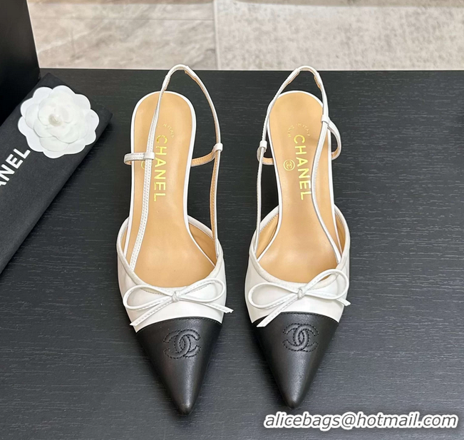 Buy Discount Chanel CC Logo Bowknot White Calfskin Leather Slingback Pumps 6051701