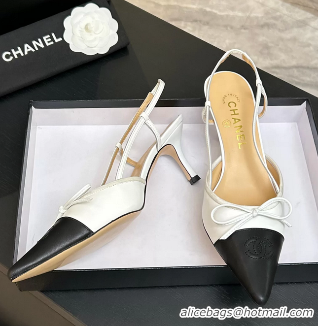 Buy Discount Chanel CC Logo Bowknot White Calfskin Leather Slingback Pumps 6051701