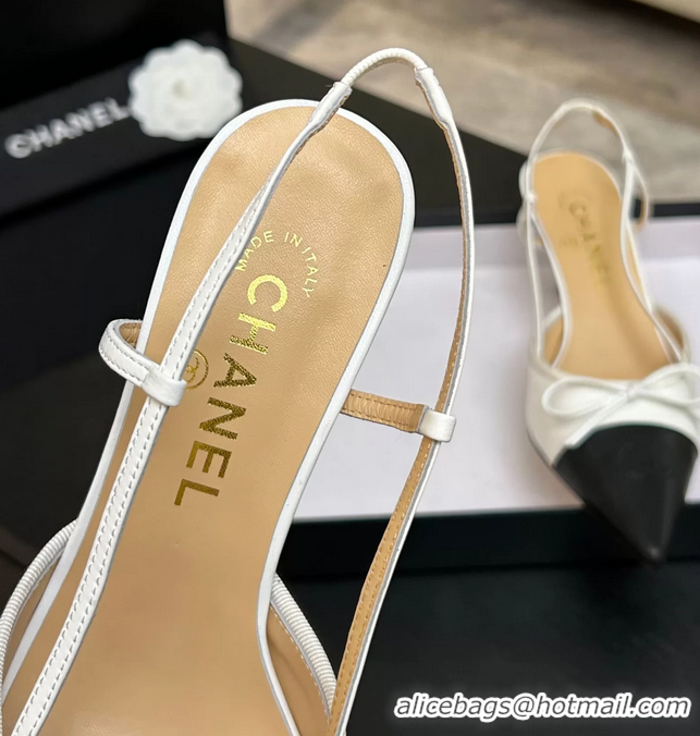 Buy Discount Chanel CC Logo Bowknot White Calfskin Leather Slingback Pumps 6051701