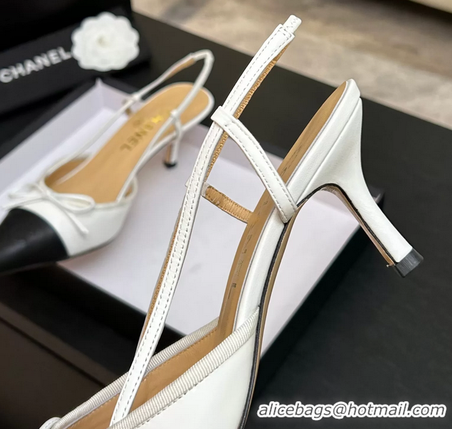 Buy Discount Chanel CC Logo Bowknot White Calfskin Leather Slingback Pumps 6051701