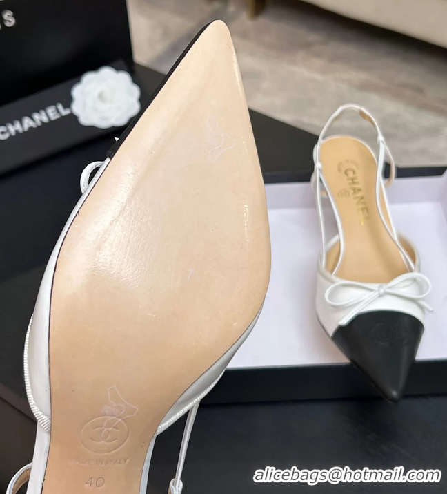 Buy Discount Chanel CC Logo Bowknot White Calfskin Leather Slingback Pumps 6051701
