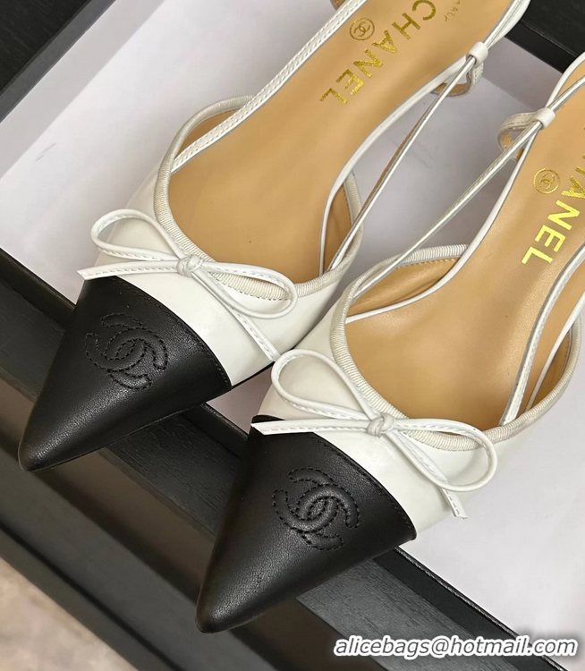 Buy Discount Chanel CC Logo Bowknot White Calfskin Leather Slingback Pumps 6051701