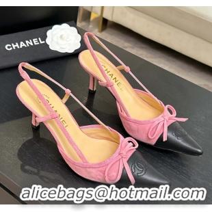 Grade Quality Chanel CC Logo Bowknot Pink Suede Leather Slingback Pumps 6051701