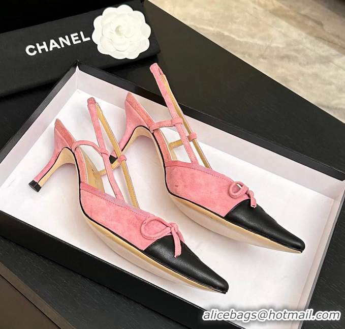 Grade Quality Chanel CC Logo Bowknot Pink Suede Leather Slingback Pumps 6051701