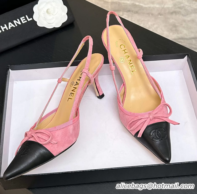 Grade Quality Chanel CC Logo Bowknot Pink Suede Leather Slingback Pumps 6051701