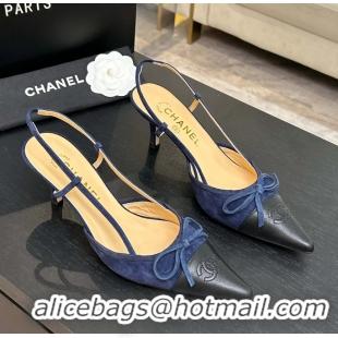 Shop Duplicate Chanel CC Logo Bowknot Blue Suede Leather Slingback Pumps 6051702