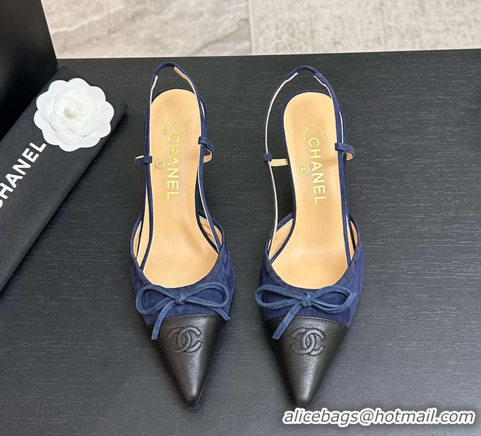Shop Duplicate Chanel CC Logo Bowknot Blue Suede Leather Slingback Pumps 6051702