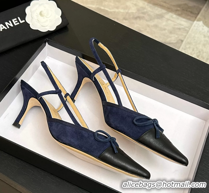 Shop Duplicate Chanel CC Logo Bowknot Blue Suede Leather Slingback Pumps 6051702