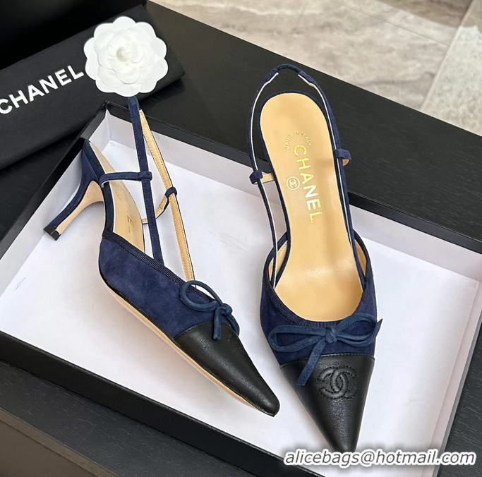 Shop Duplicate Chanel CC Logo Bowknot Blue Suede Leather Slingback Pumps 6051702