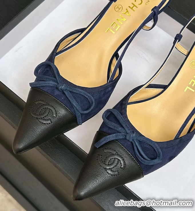 Shop Duplicate Chanel CC Logo Bowknot Blue Suede Leather Slingback Pumps 6051702
