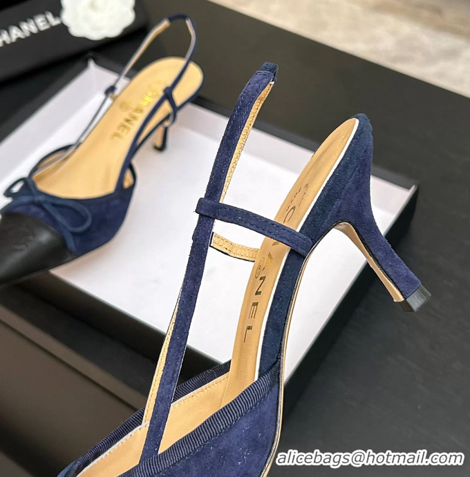 Shop Duplicate Chanel CC Logo Bowknot Blue Suede Leather Slingback Pumps 6051702