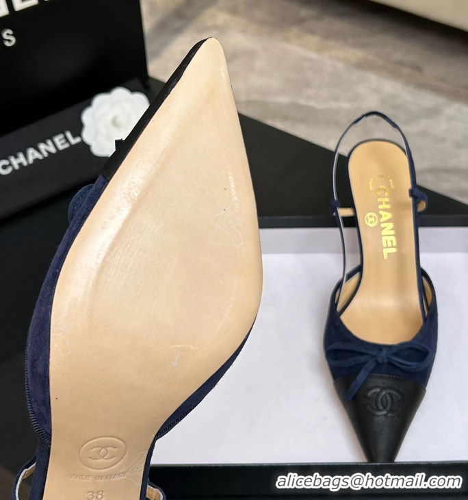 Shop Duplicate Chanel CC Logo Bowknot Blue Suede Leather Slingback Pumps 6051702