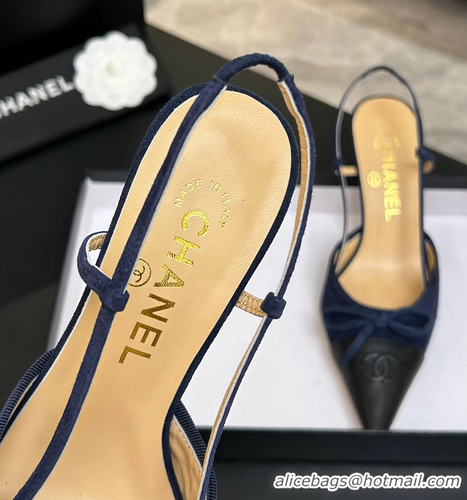 Shop Duplicate Chanel CC Logo Bowknot Blue Suede Leather Slingback Pumps 6051702