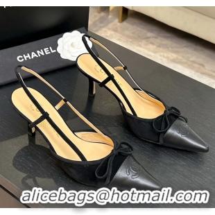 Best Product Chanel CC Logo Bowknot Black Suede Leather Slingback Pumps 6051702