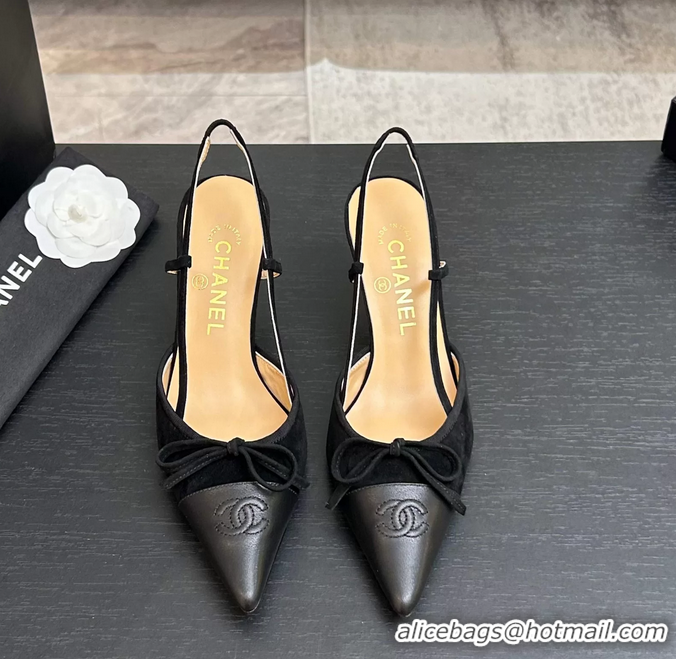 Best Product Chanel CC Logo Bowknot Black Suede Leather Slingback Pumps 6051702