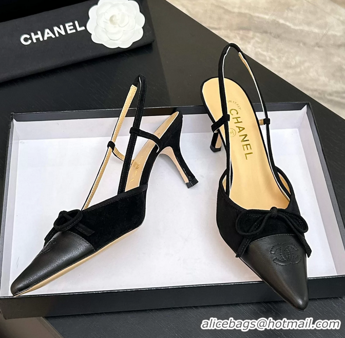 Best Product Chanel CC Logo Bowknot Black Suede Leather Slingback Pumps 6051702