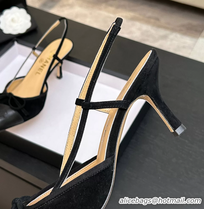 Best Product Chanel CC Logo Bowknot Black Suede Leather Slingback Pumps 6051702