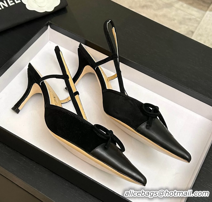 Best Product Chanel CC Logo Bowknot Black Suede Leather Slingback Pumps 6051702