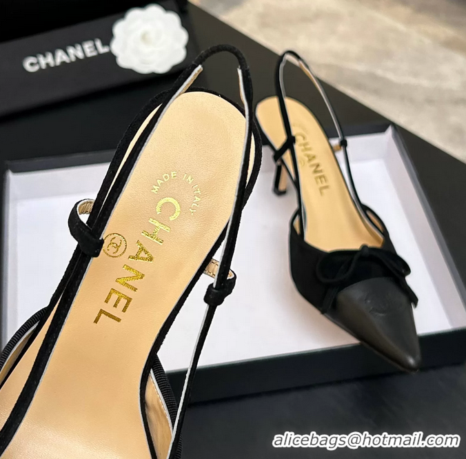 Best Product Chanel CC Logo Bowknot Black Suede Leather Slingback Pumps 6051702